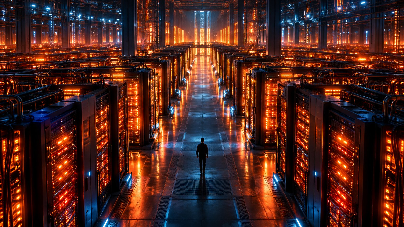A vast AI data center with rows of server racks glowing orange as if running at full capacity, one person walking down the center aisle.