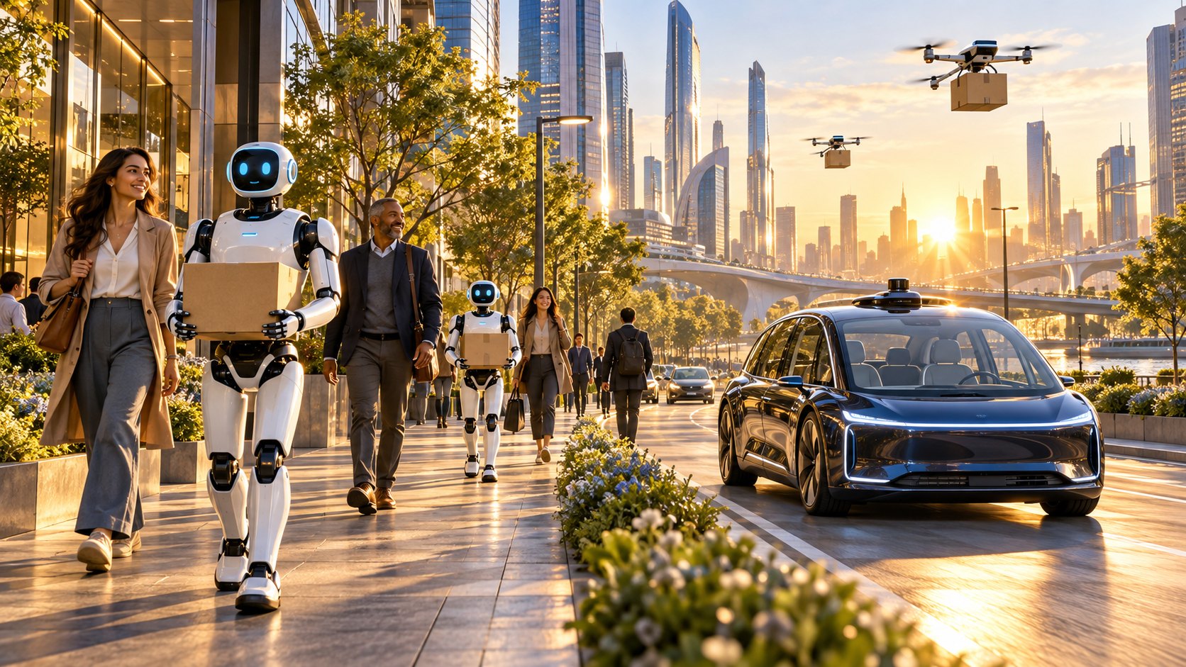 Humanoid robots carrying packages alongside pedestrians on a city street at sunrise, with a driverless taxi and delivery drones.