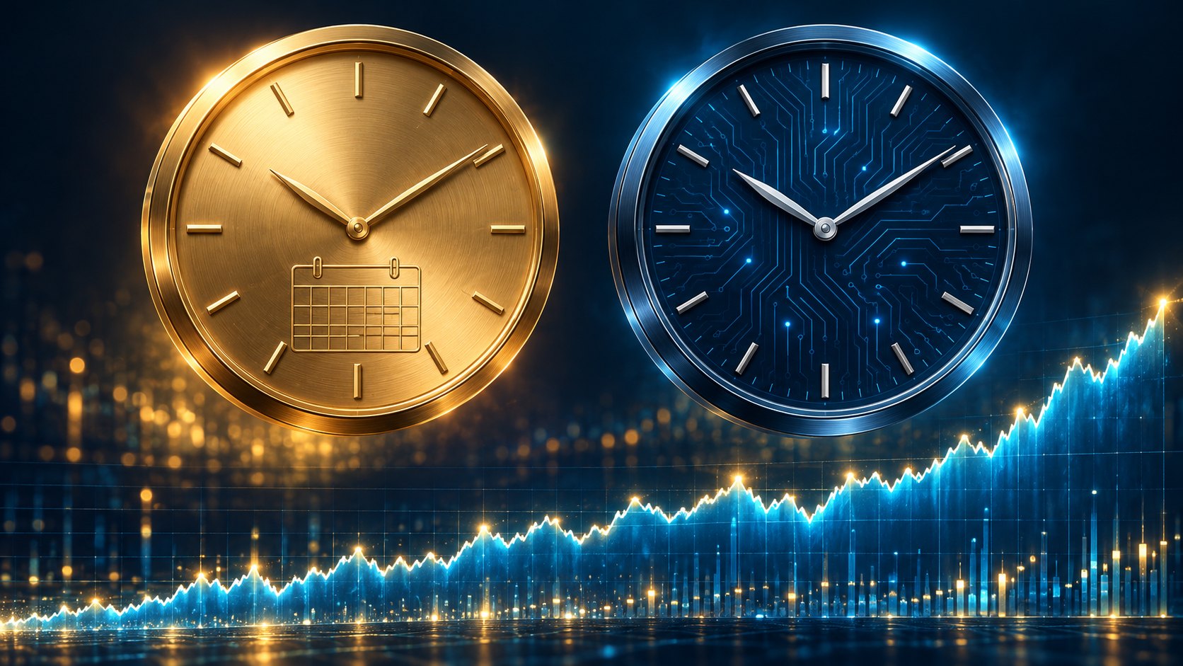 Two clocks, one gold with a calendar face and one blue with AI circuitry, floating above a rising market chart.