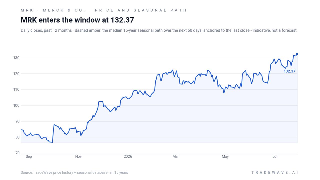 MRK enters the window at 132.37. Daily closes, past 12 months · dashed amber: the median 15-year seasonal path over the next 60 days, anchored to the last close - indicative, not a forecast. Source: TradeWave price history + seasonal database · n=15 years