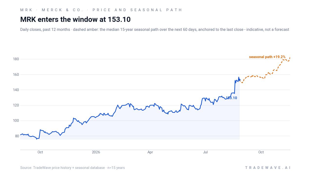 MRK enters the window at 153.10. Daily closes, past 12 months · dashed amber: the median 15-year seasonal path over the next 60 days, anchored to the last close - indicative, not a forecast. Source: TradeWave price history + seasonal database · n=15 years