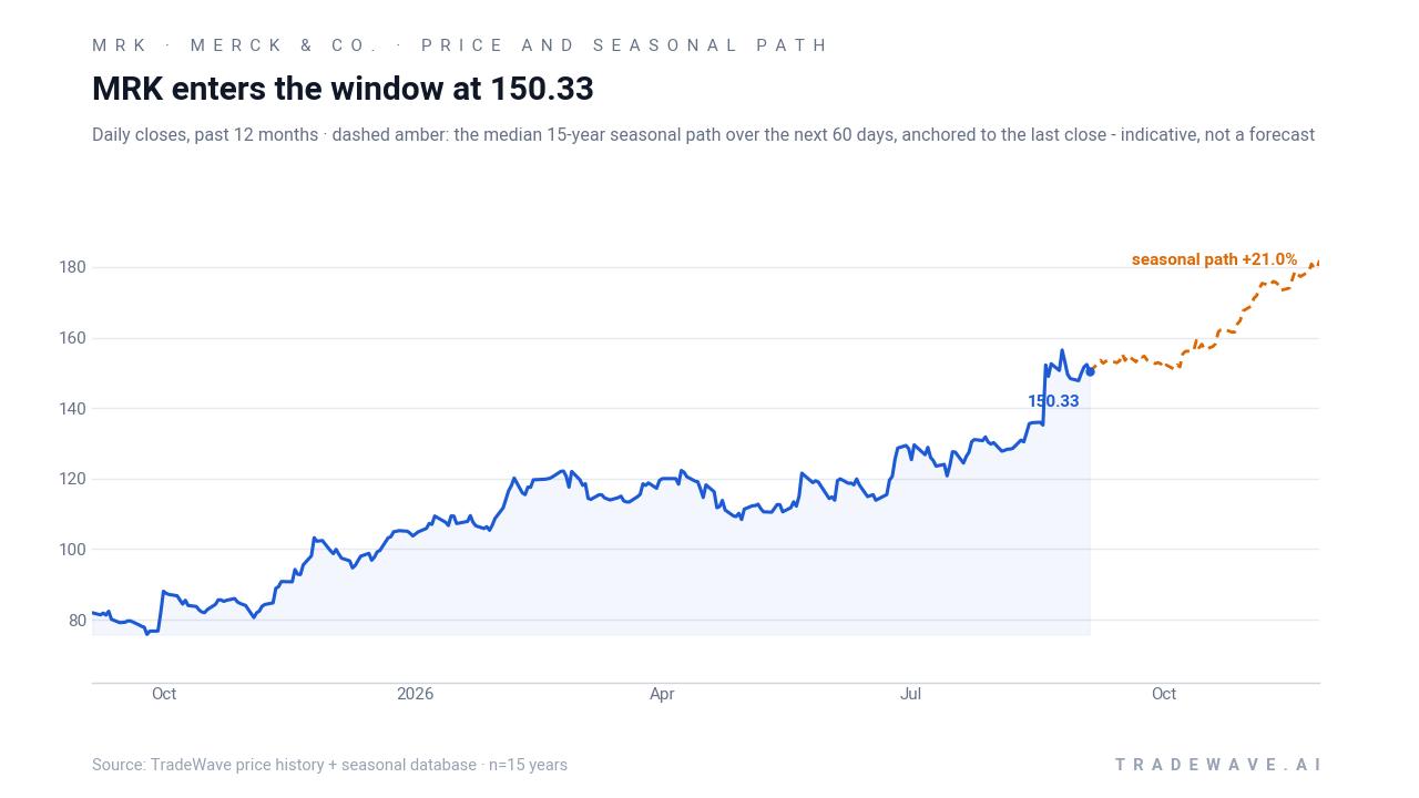 MRK enters the window at 150.33. Daily closes, past 12 months · dashed amber: the median 15-year seasonal path over the next 60 days, anchored to the last close - indicative, not a forecast. Source: TradeWave price history + seasonal database · n=15 years