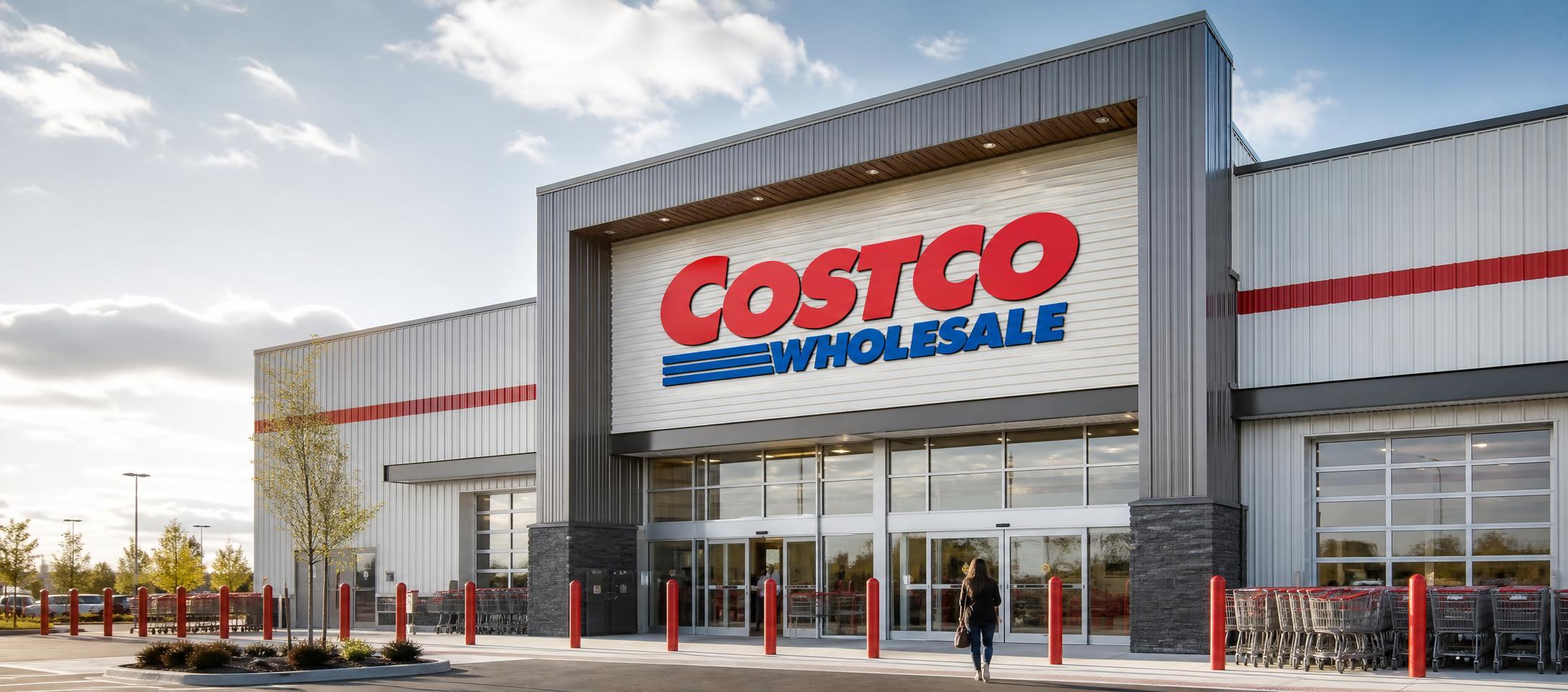 Conceptual illustration of a Costco warehouse entrance and shopping carts beside a calendar approaching autumn.