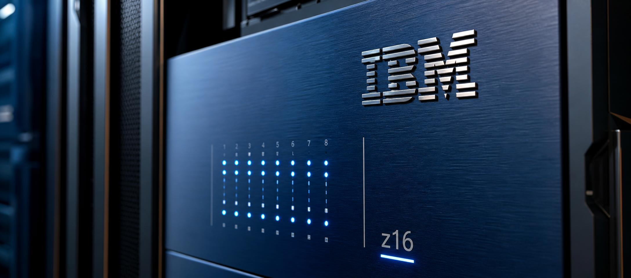 Conceptual illustration of an IBM computer system and enterprise software interface beside a calendar approaching autumn.