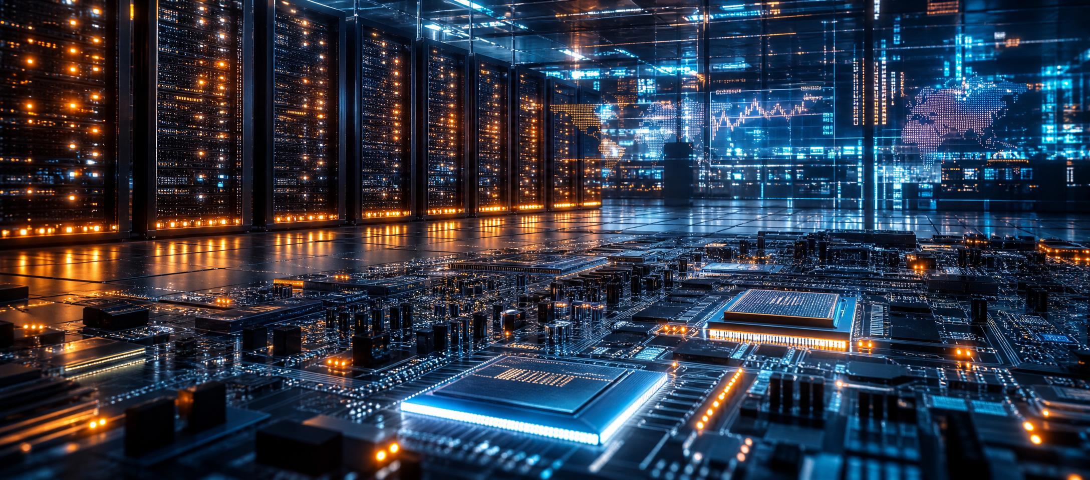 Conceptual illustration of a technology fund alongside chips, devices and cloud infrastructure ahead of an autumn calendar window.