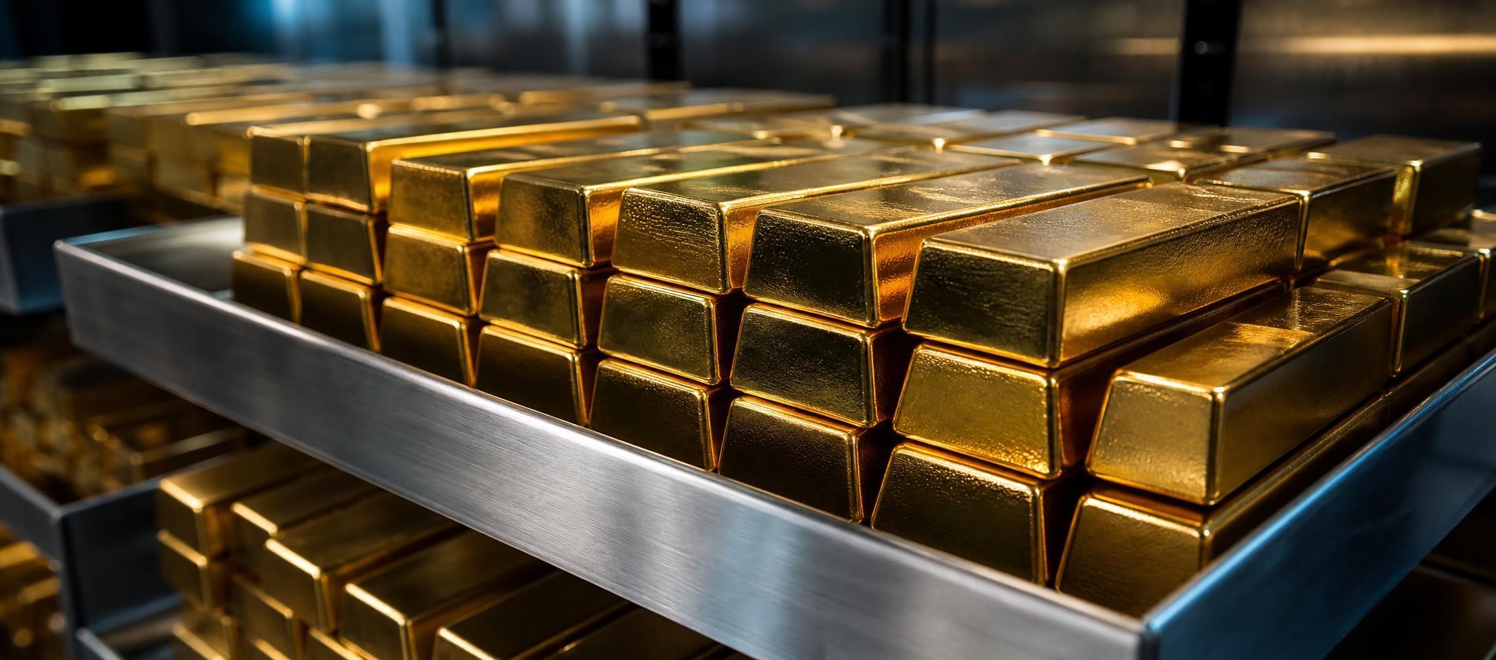 Conceptual illustration of gold bars, a futures market screen and shifting interest-rate signals.