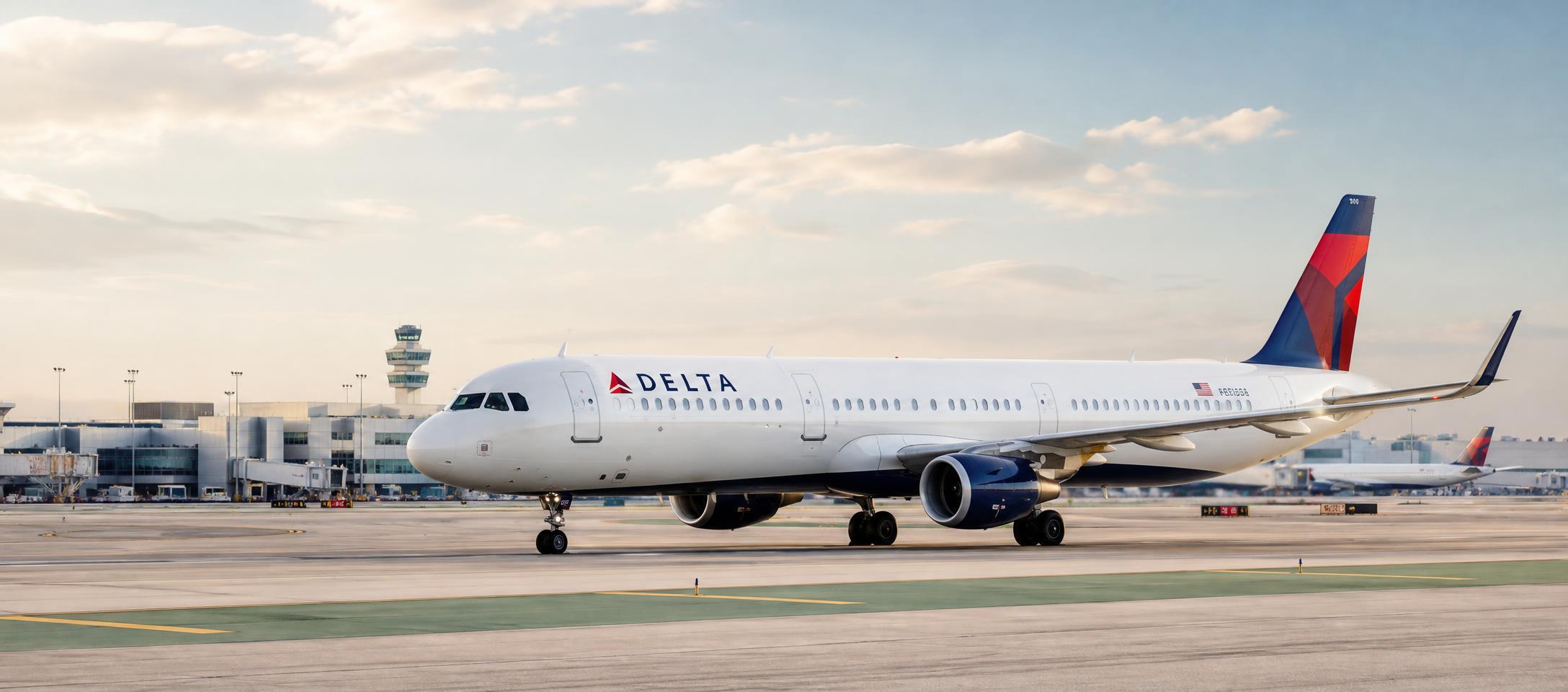 AI-generated conceptual illustration of a Delta aircraft at an airport.