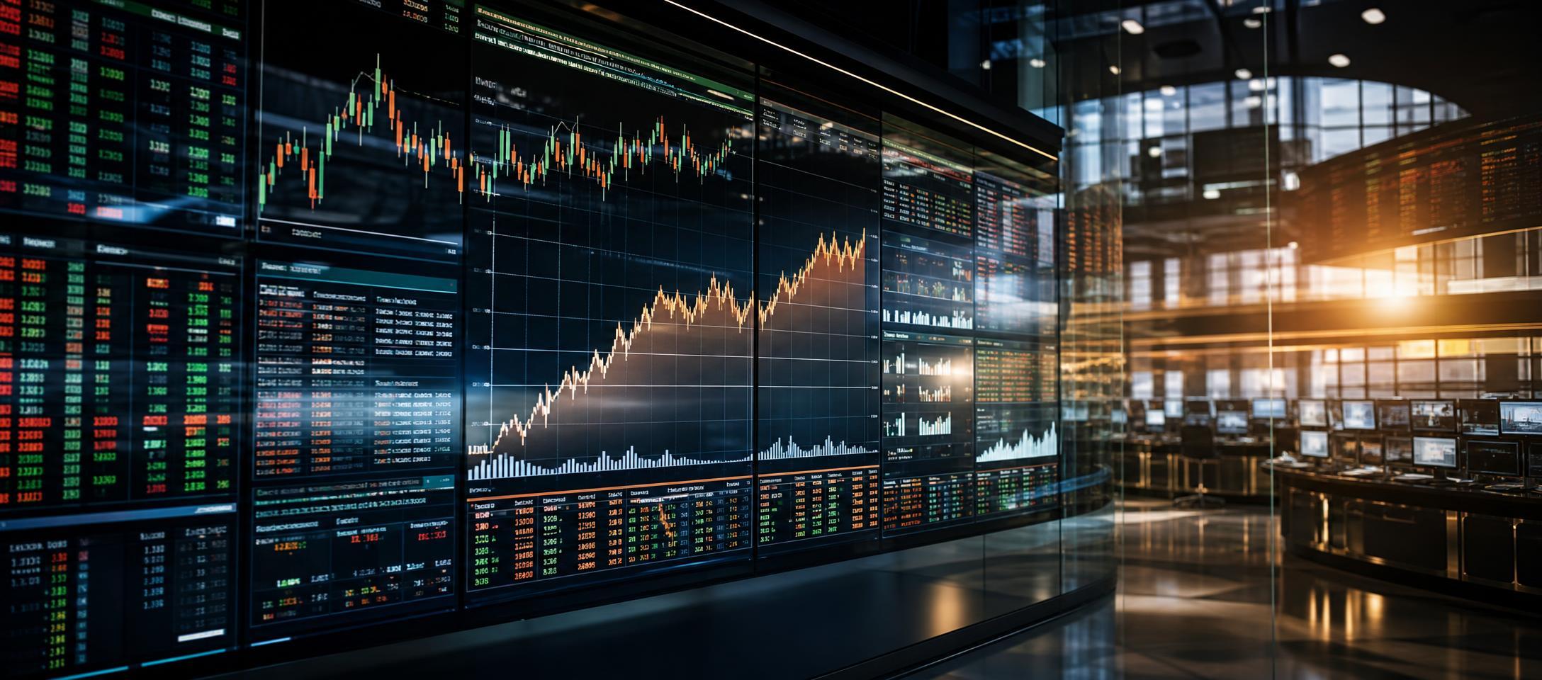 AI-generated conceptual illustration of a trading room with market chart screens and sunlight through glass walls.