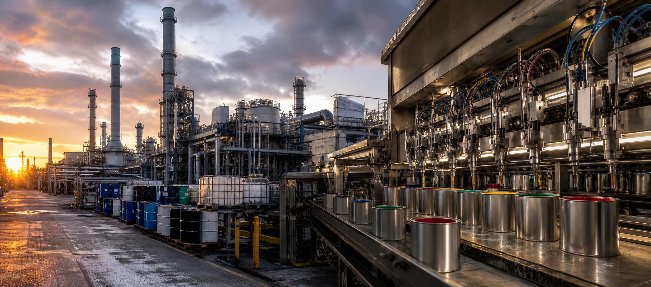 AI-generated conceptual illustration of industrial equipment, pipes and drums at sunset.