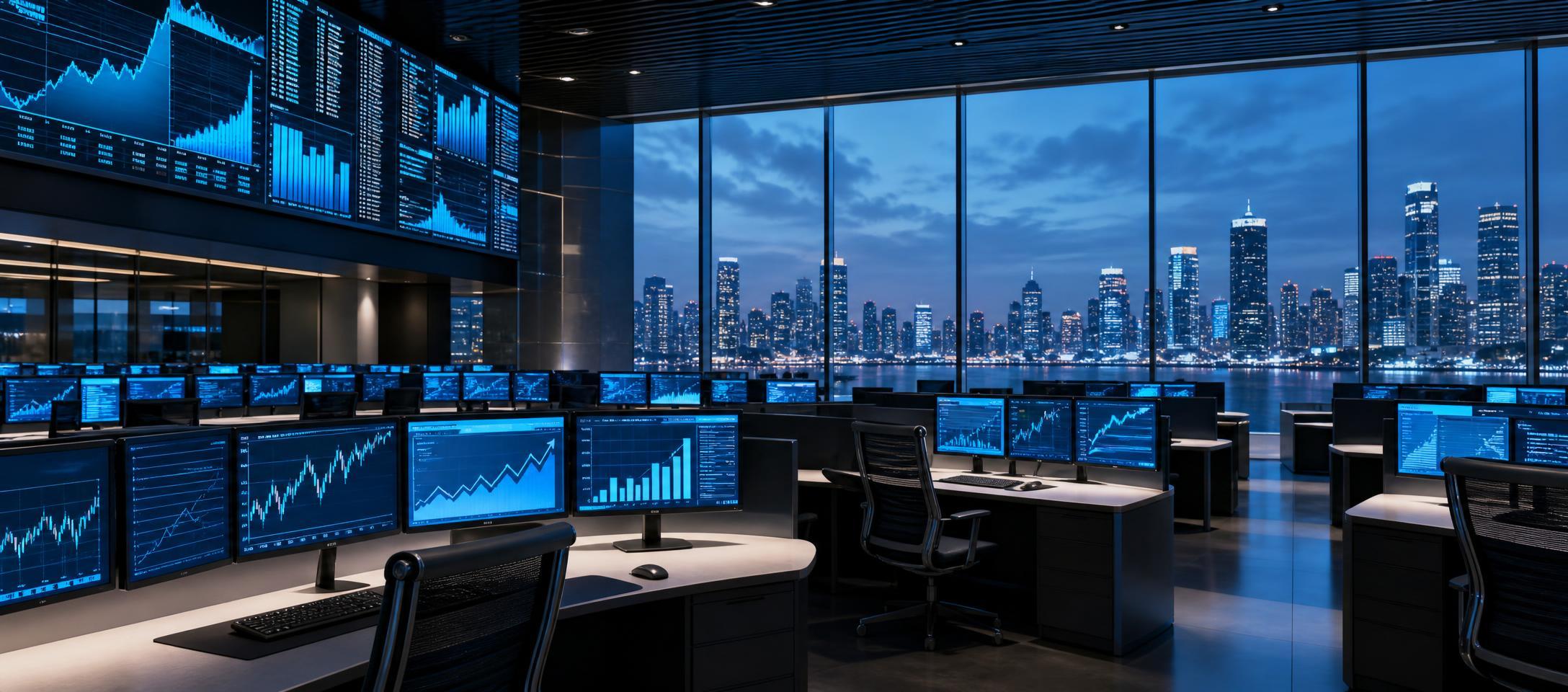AI-generated conceptual illustration of an empty trading room with blue chart screens and a city skyline.