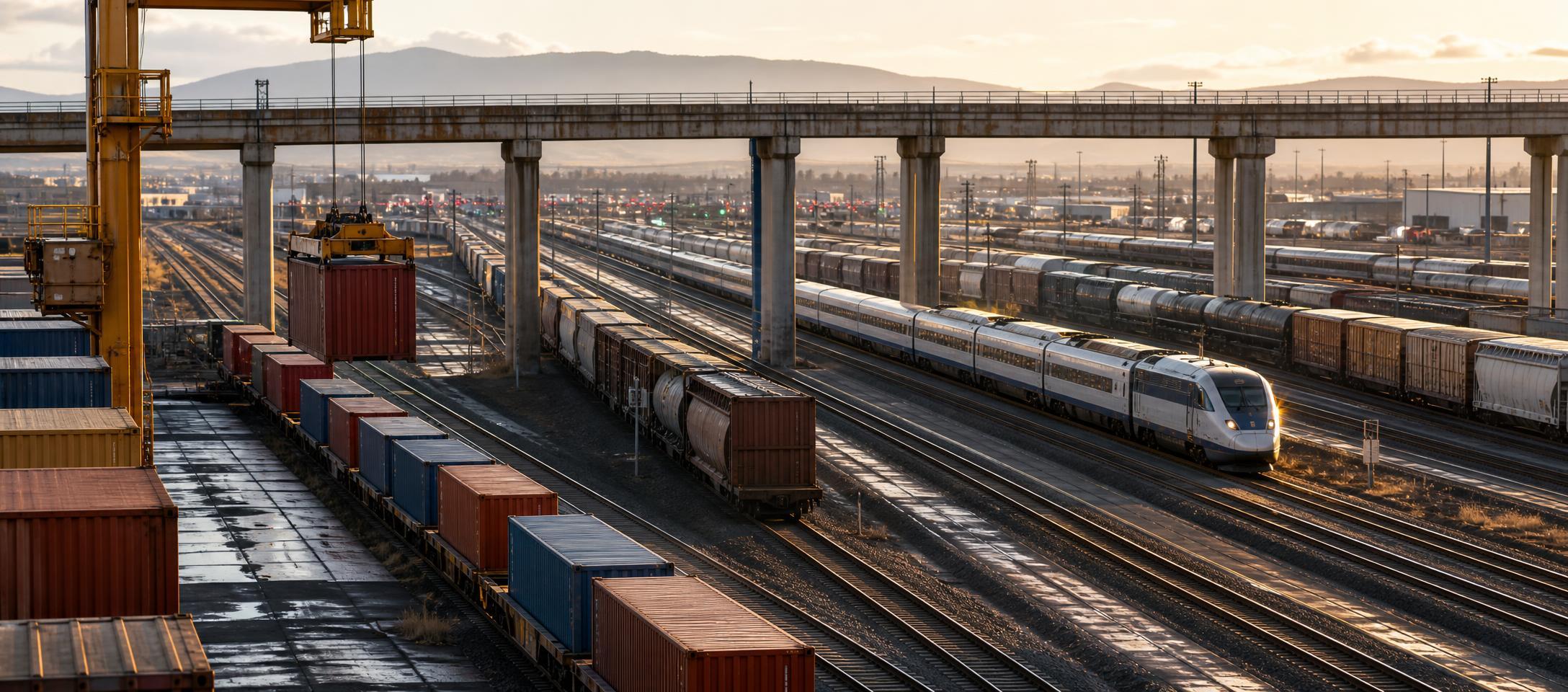 Conceptual illustration of a freight train approaching a junction beside an earnings calendar.