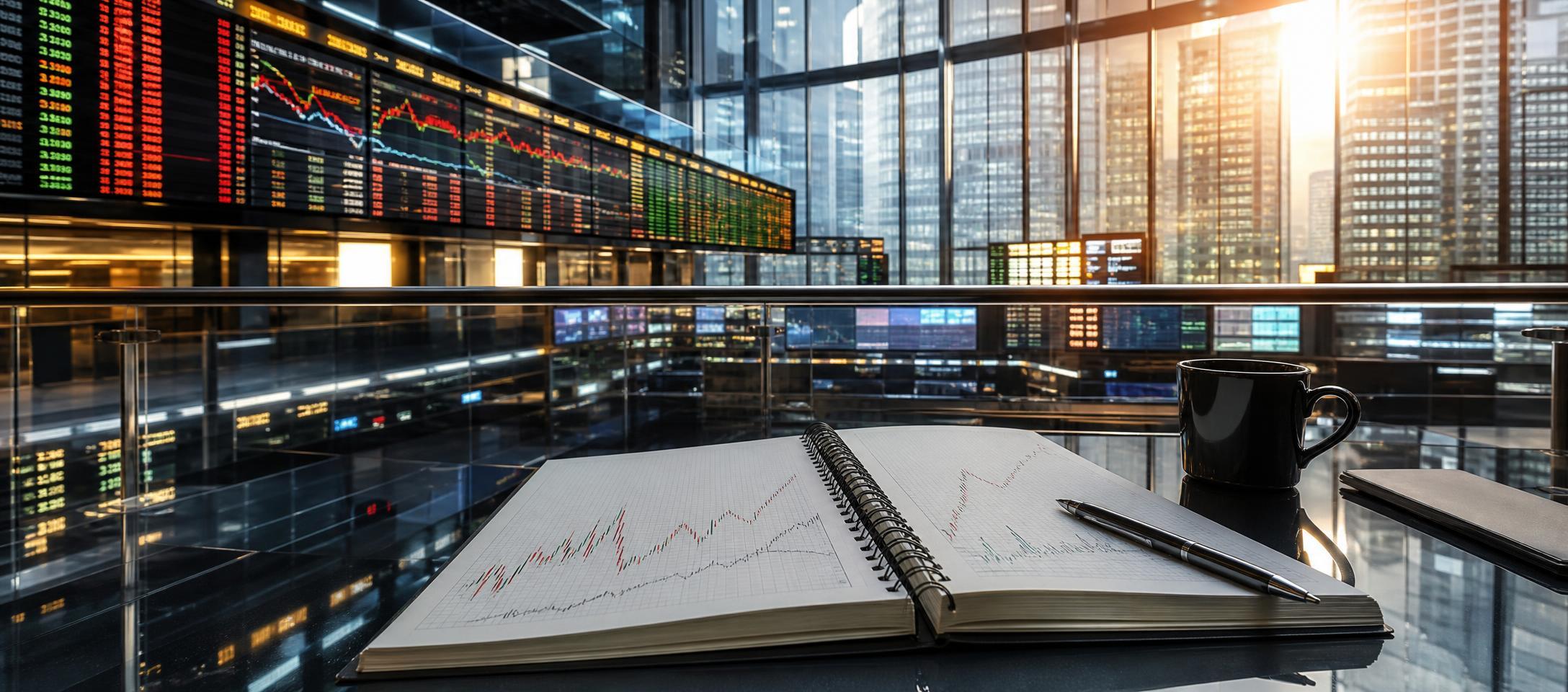 Conceptual illustration of an institutional investment services desk with market screens and a calendar.