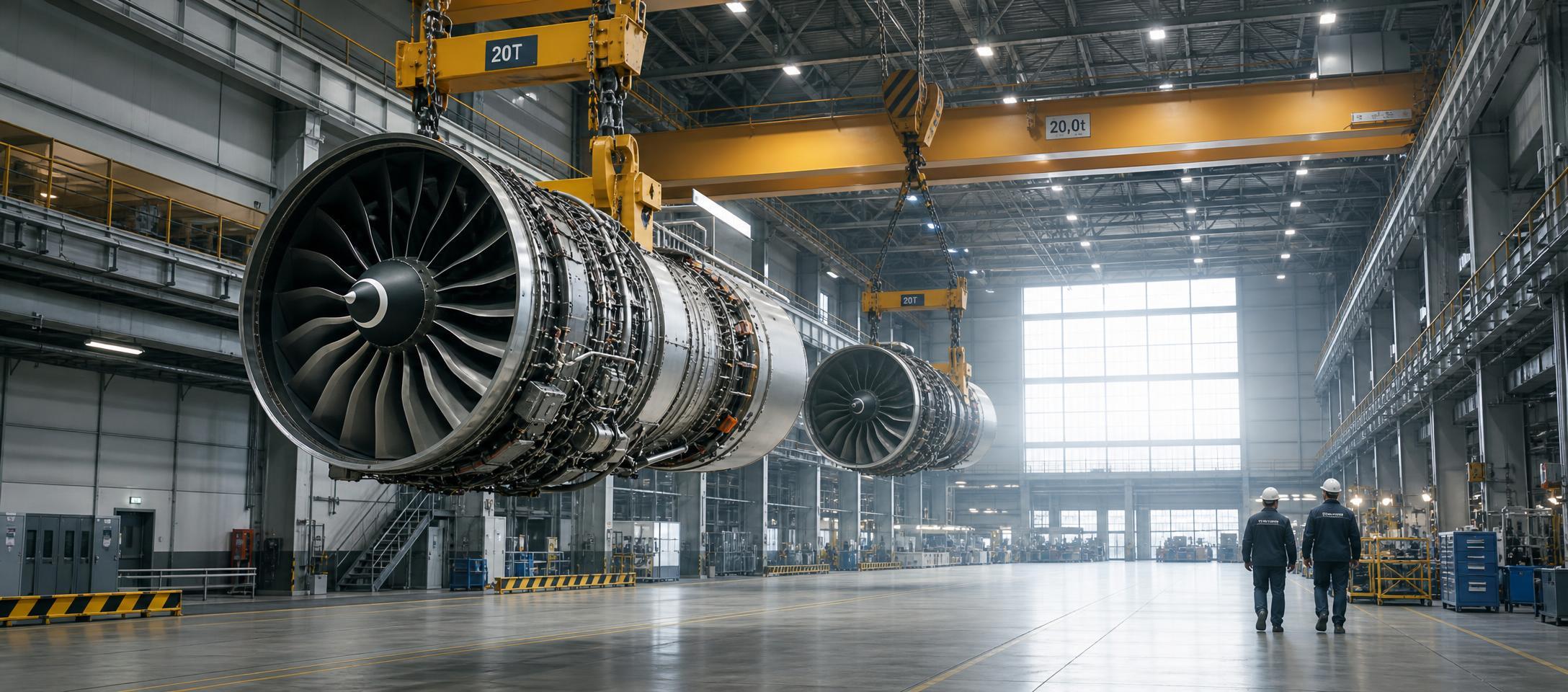 Conceptual illustration of aircraft engines moving through a maintenance hangar beside a calendar.