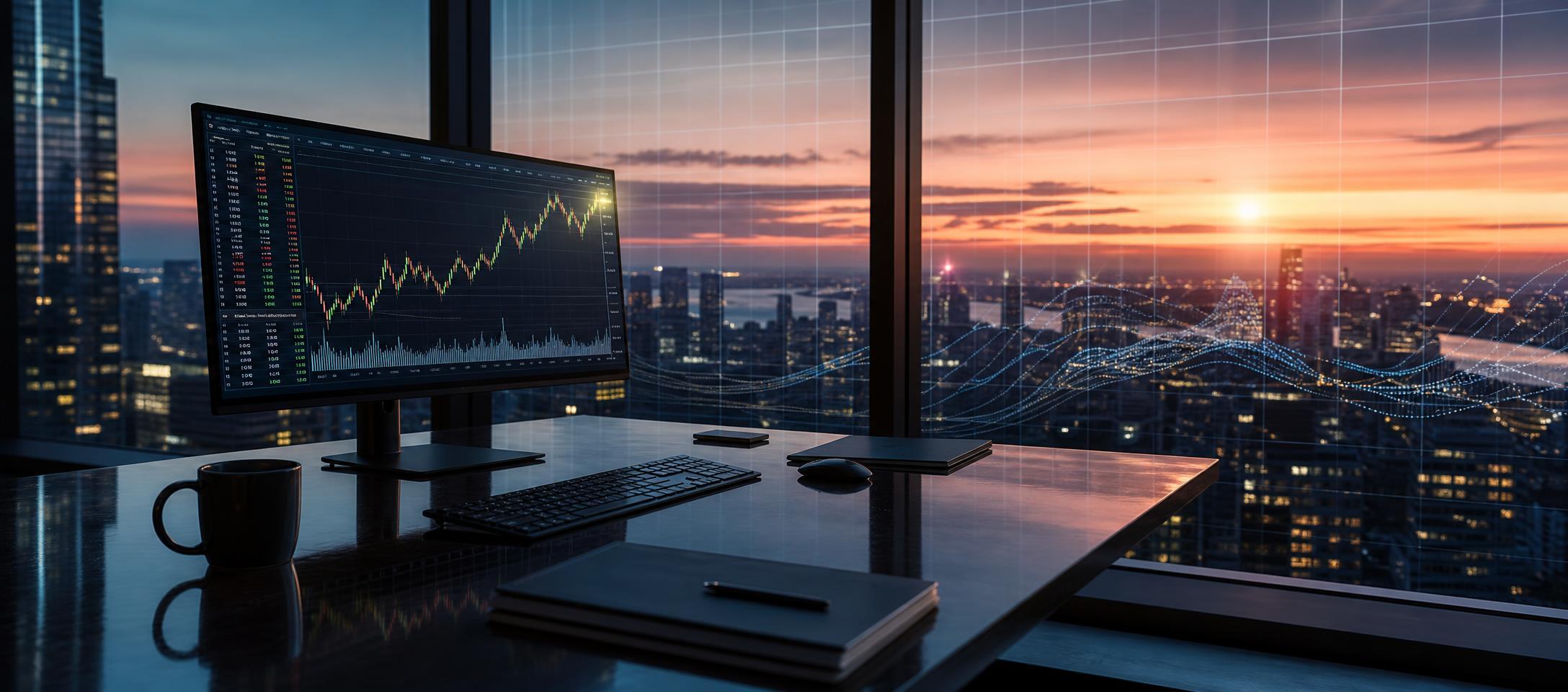Conceptual illustration of a Nasdaq-focused fund approaching an earnings calendar, with company reports and a market chart in the background.