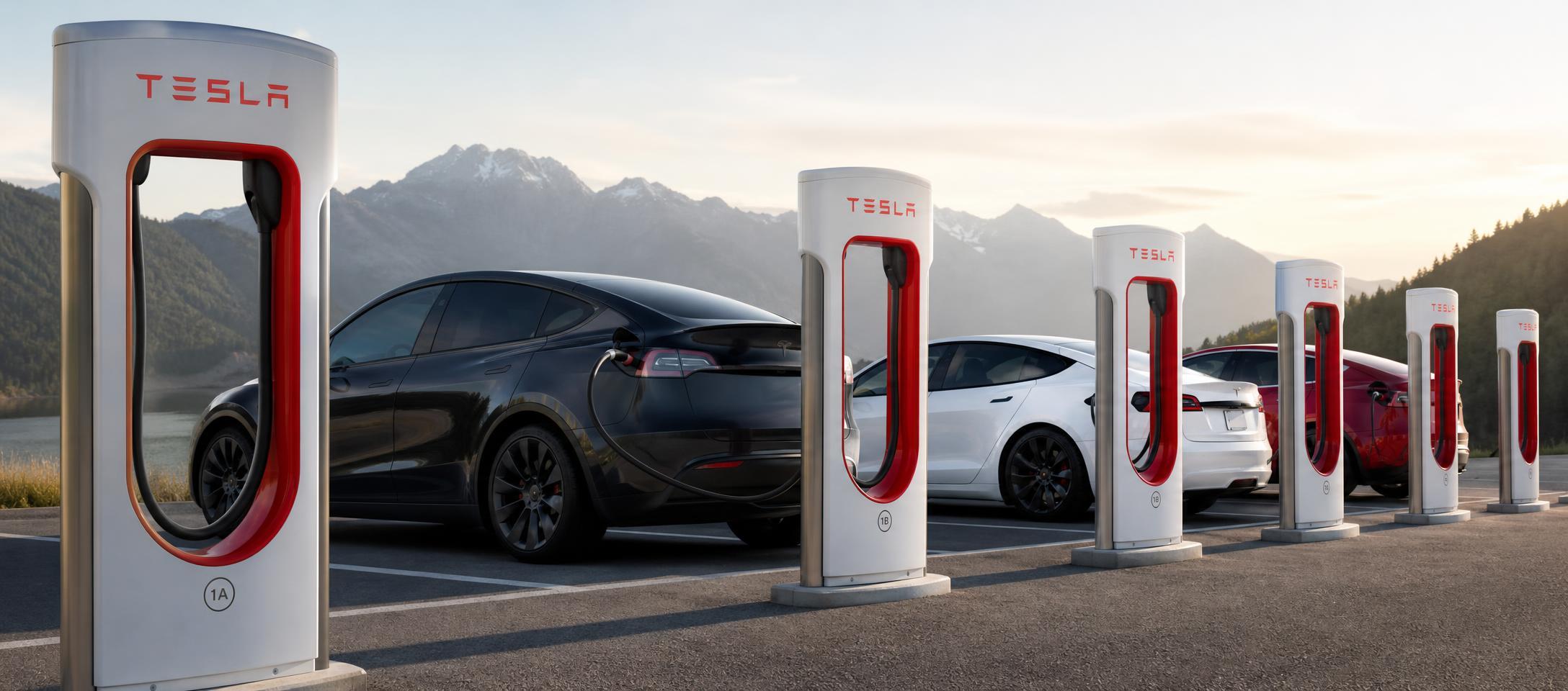 Conceptual illustration of a Tesla vehicle and battery storage units beside a factory, with a calendar in the background.
