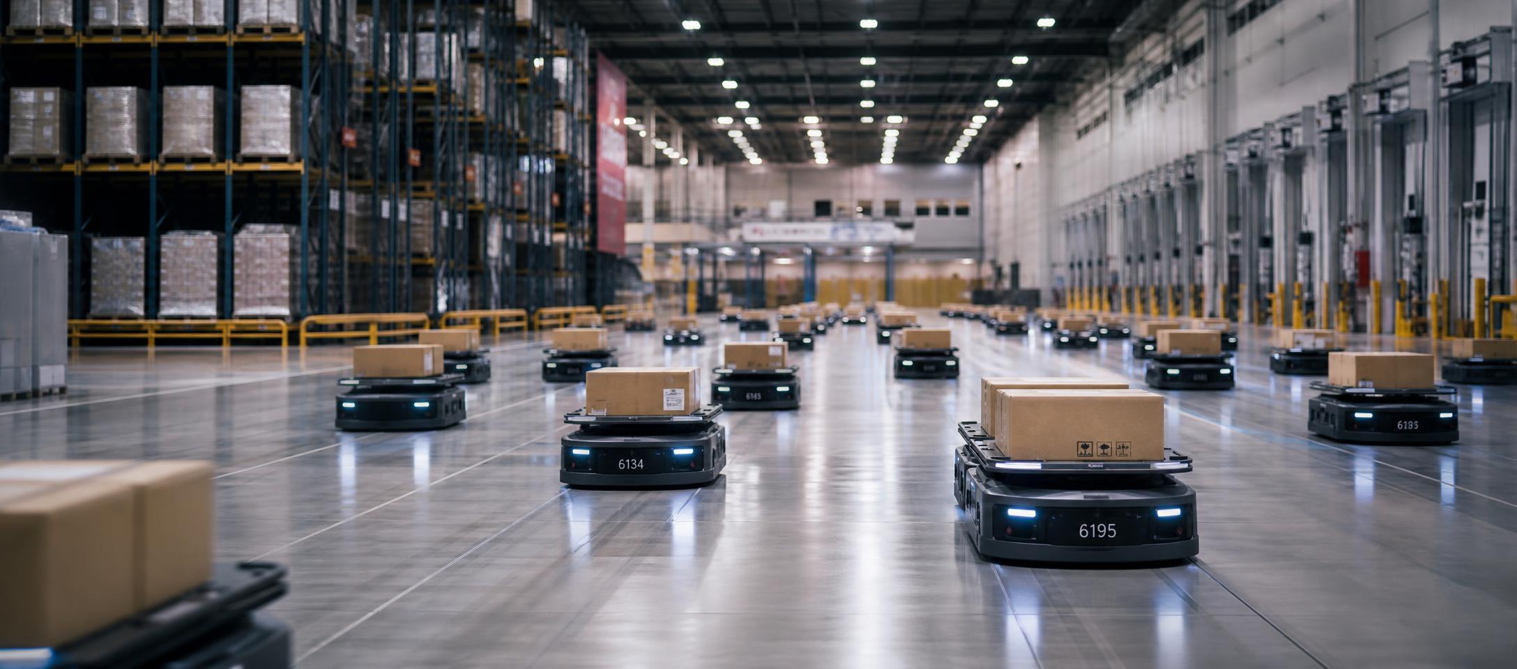 Conceptual illustration of Amazon fulfillment activity and cloud infrastructure ahead of an earnings call.