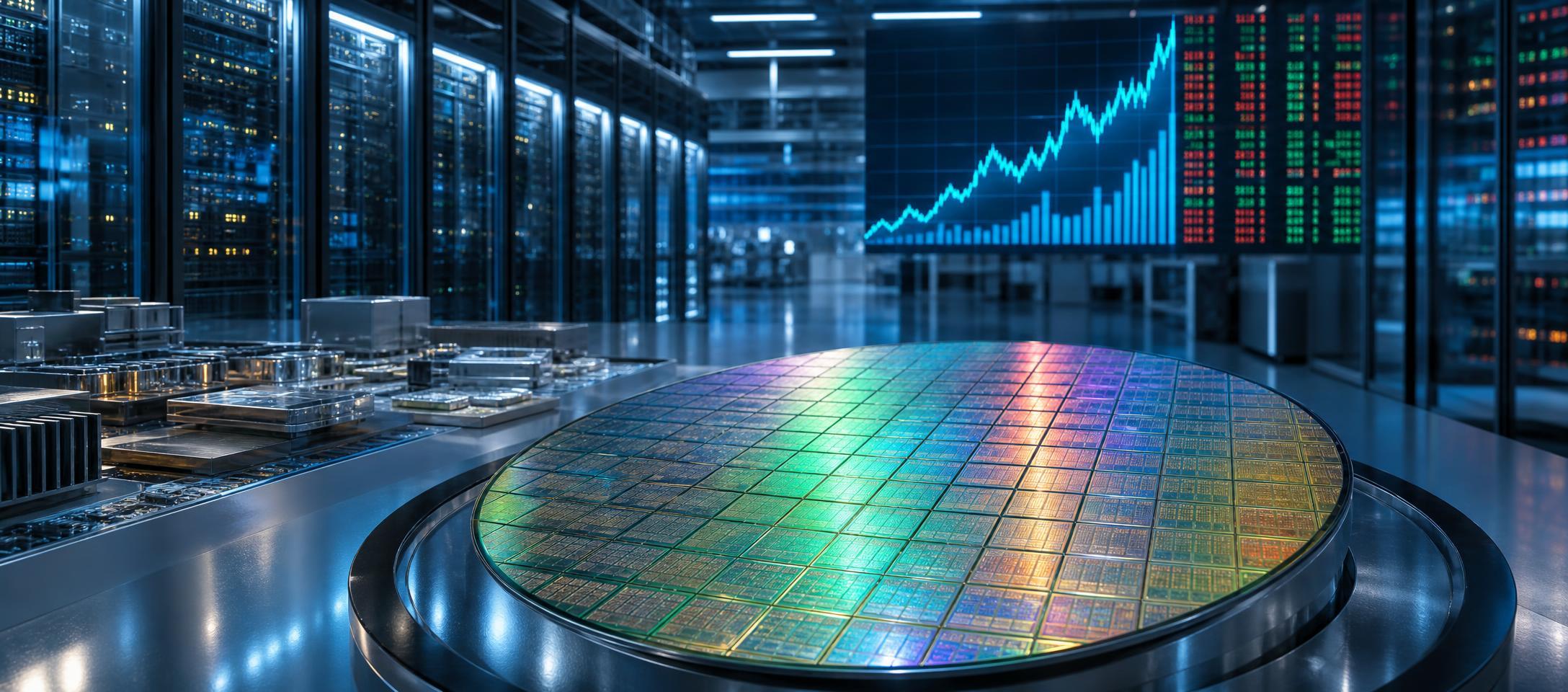 Conceptual illustration of semiconductor wafers and chip packaging facilities beside an exchange-traded fund market display.