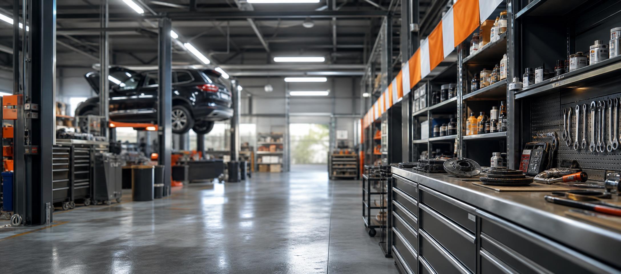 Conceptual illustration of an auto parts store and service bays beside a calendar approaching an earnings report.