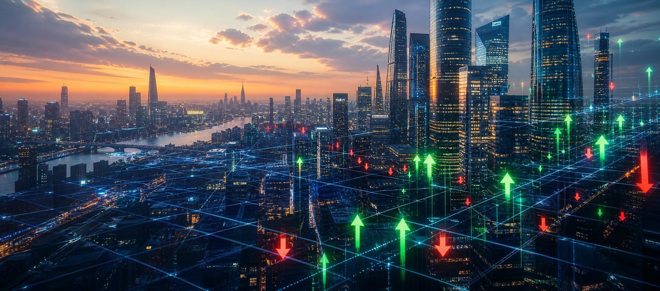 Conceptual illustration of a technology-focused fund against a backdrop of mixed market sectors.