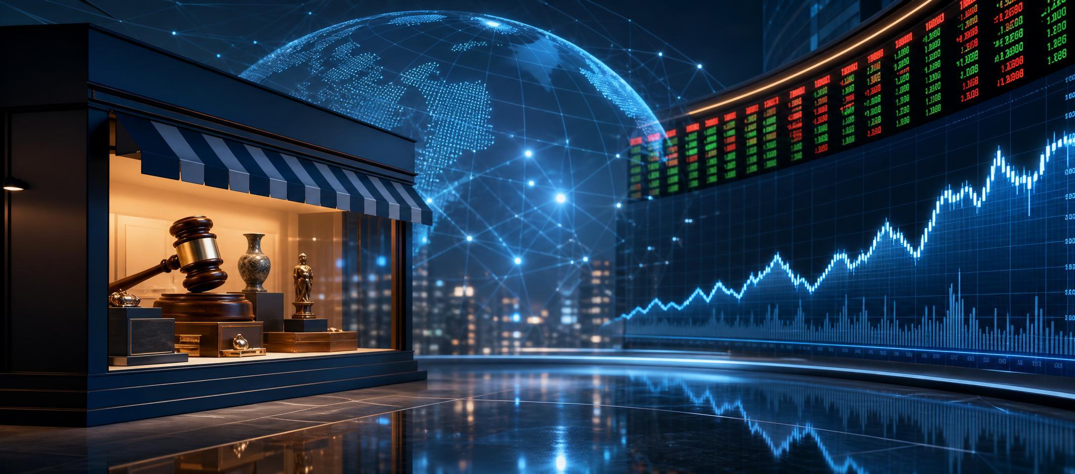 Conceptual illustration of a resale marketplace alongside a company earnings report and a changing workforce.