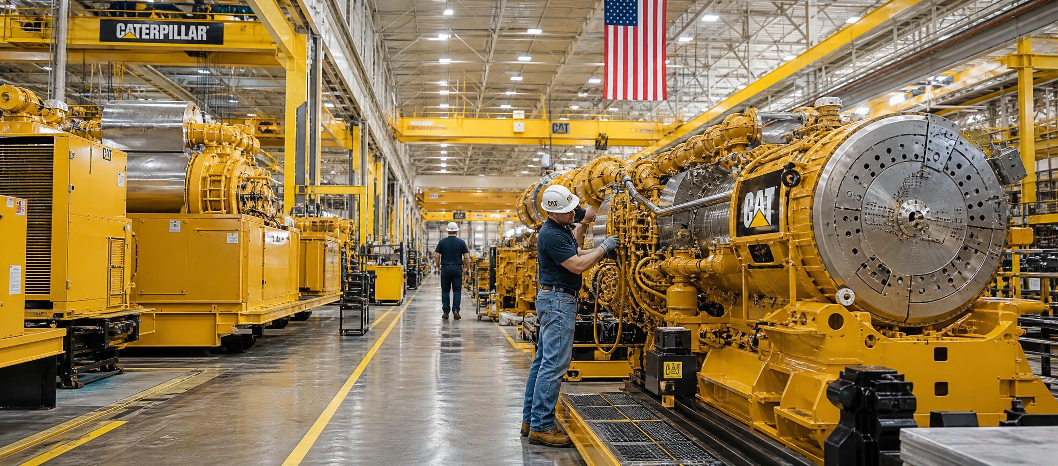 Conceptual illustration of Caterpillar construction equipment beside a power generator and a calendar.