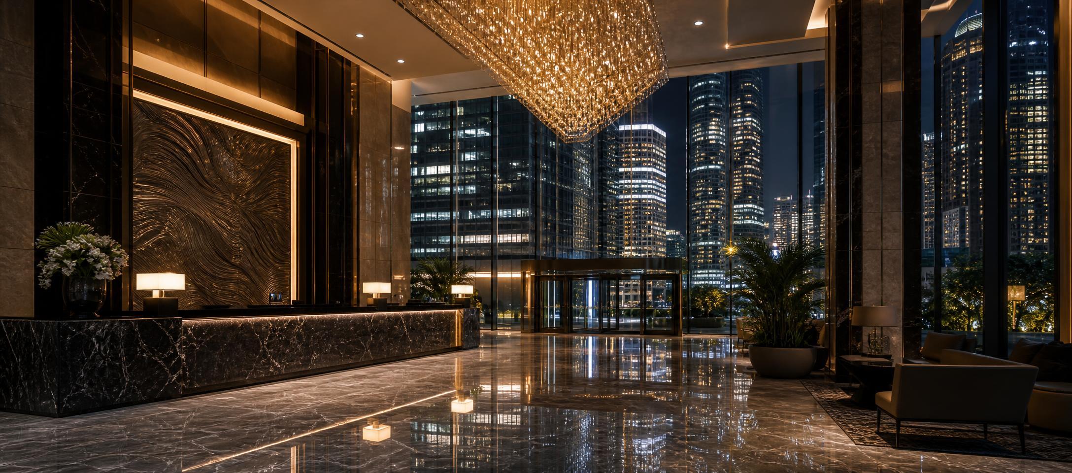Conceptual illustration of a Hilton hotel entrance, guest activity and a stock exchange display.