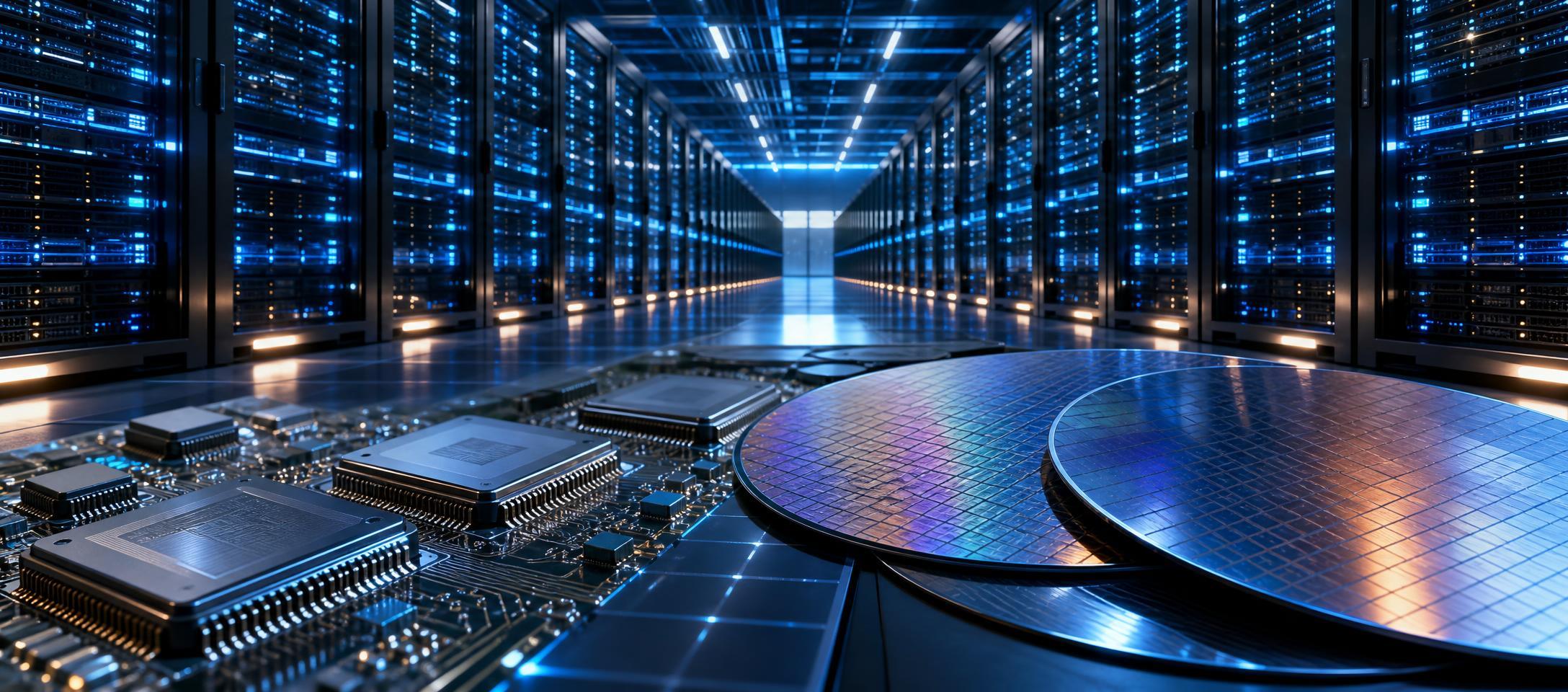 Conceptual illustration of a technology fund alongside cloud infrastructure, computer devices and an upcoming earnings calendar.